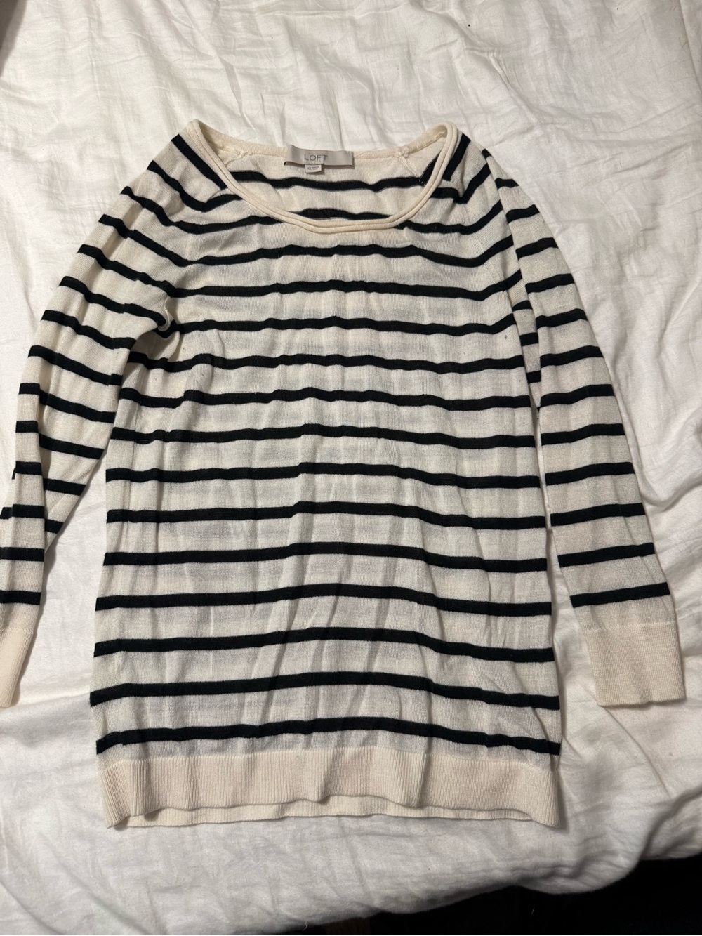 LOFT Black and White Striped Scoop-Neck Sweater